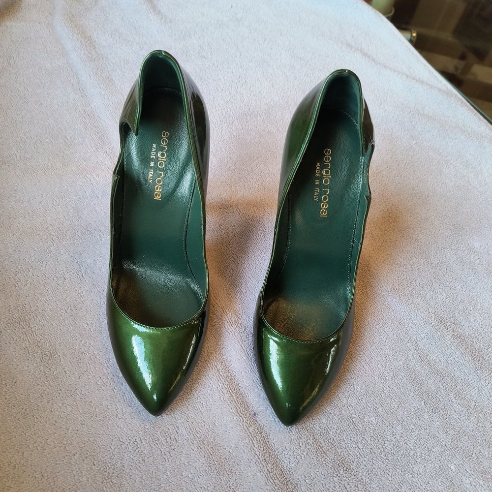Sergio Rossi Patent Leather Emerald Green Metallic Stilettos Size 6.5